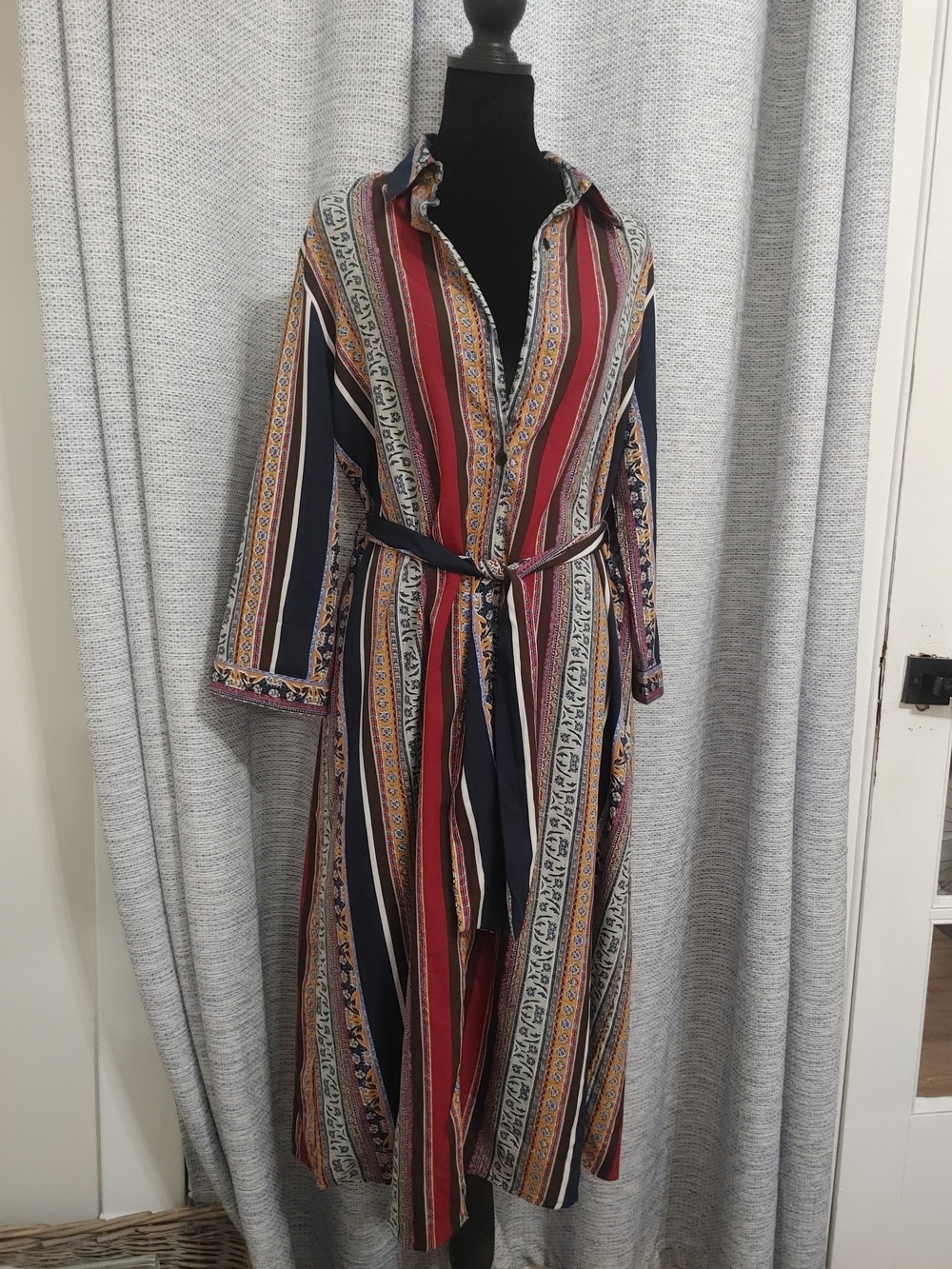 Japna Striped Maxi Shirt Dress in Red, Navy, Cream and Tan